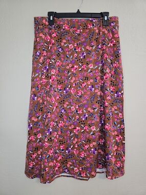 St. John's Bay Brown A-Line Skirt with Pink & Purple Floral Print Large